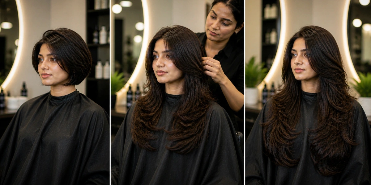 A three-panel image showing a woman with dark hair in various stages of a layered haircut, ranging from a short bob to long, voluminous layers.