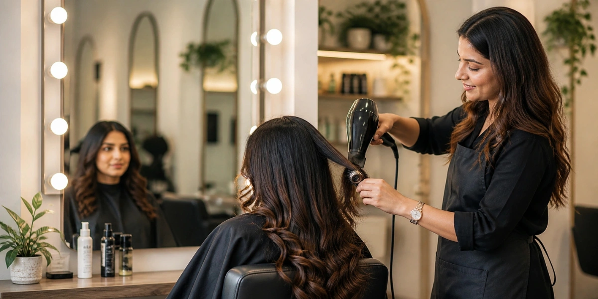 A hairstylist using a blow dryer and round brush on a client with long, wavy dark hair in a brightly lit salon.